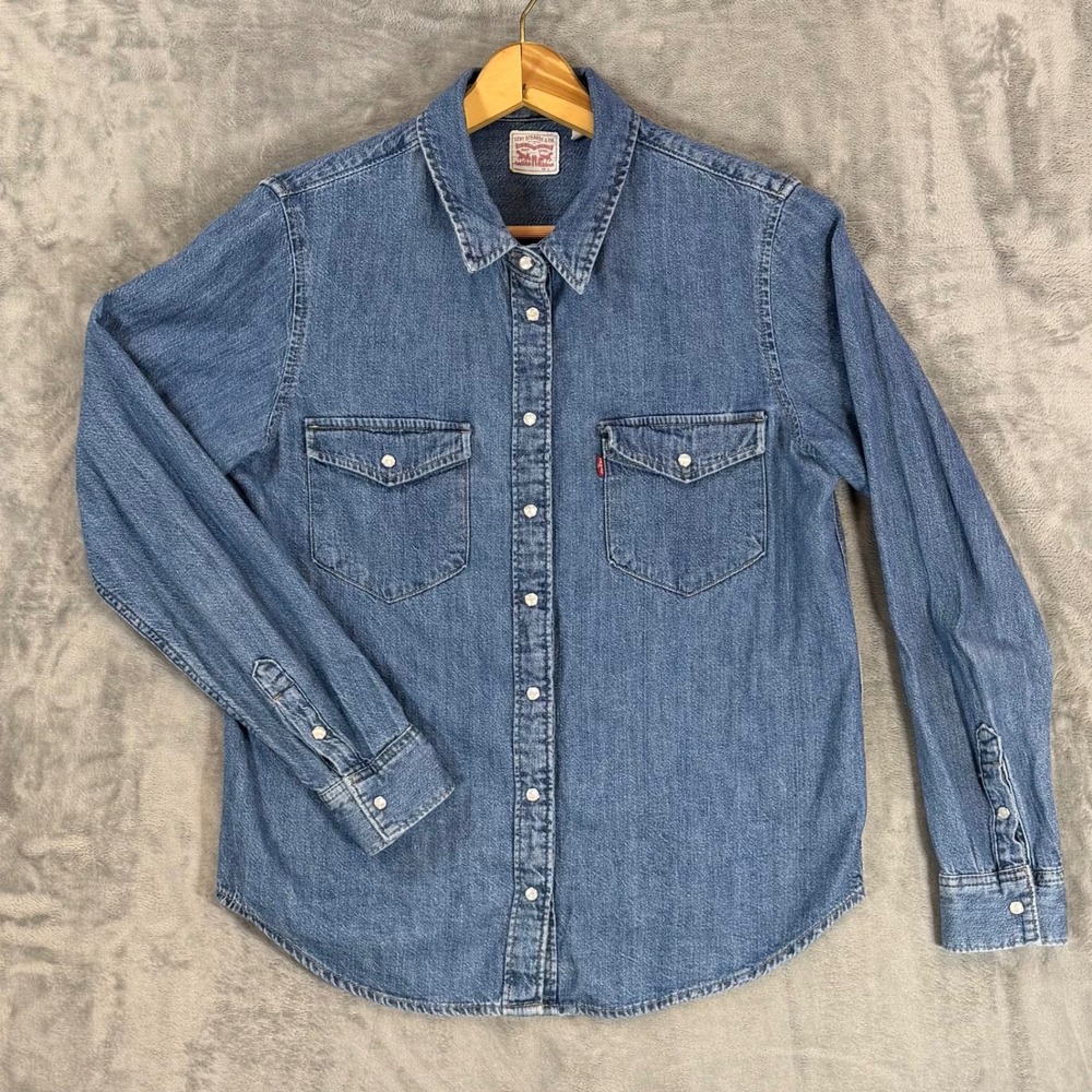 Levis Men's Western Pearl Snap Denim Shirt Size M Medium Blue Long Sleeve